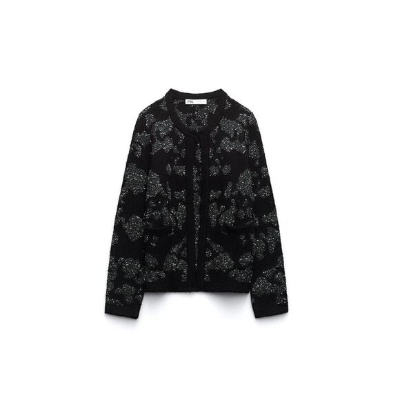 ZARA Sequin Metallic Thread Knit Cardigan Sweater, Black Silver Holiday Party S - Picture 3 of 10